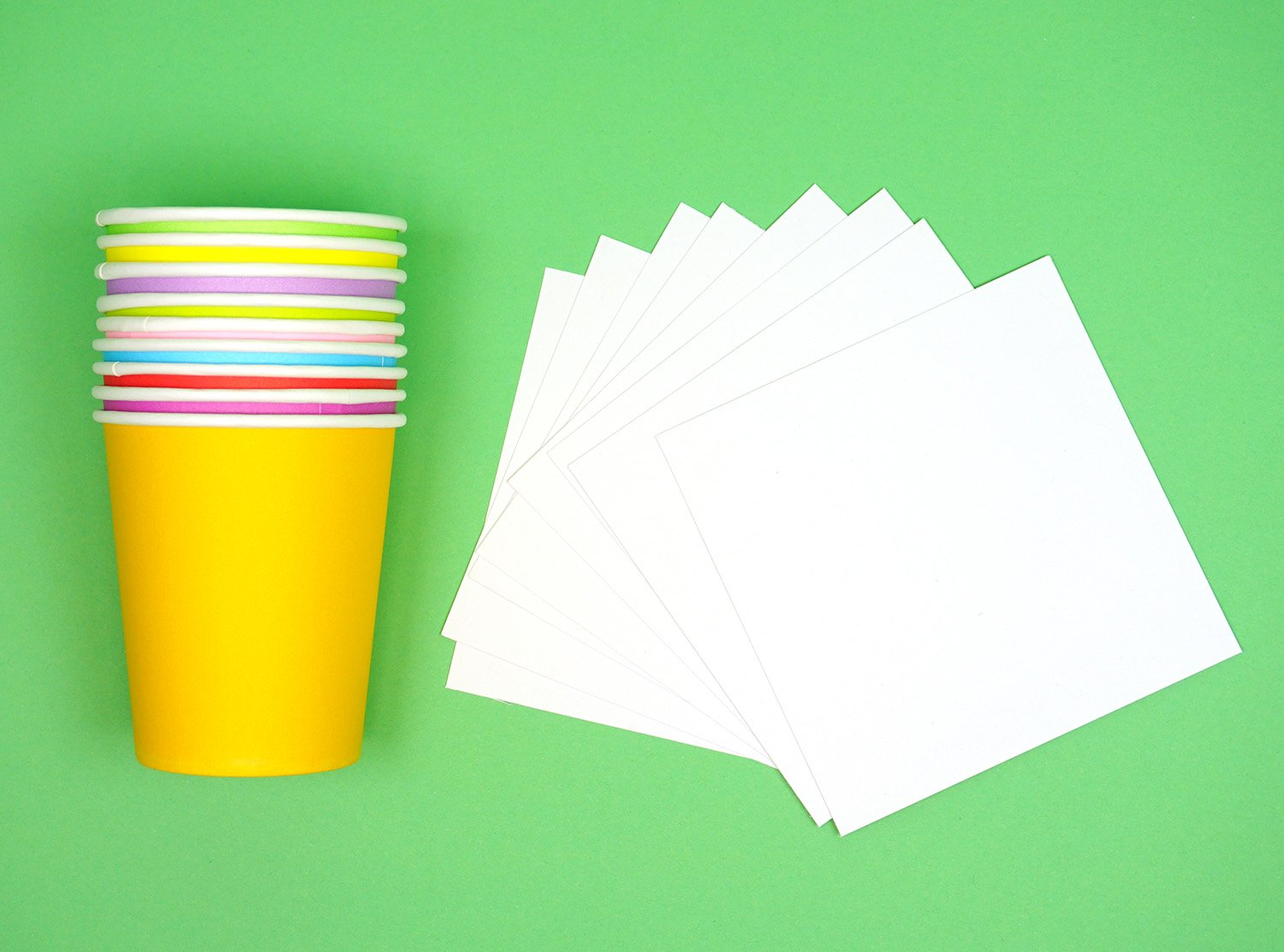 Colorful paper cups and paper - Minute to Win It Party Game supplies