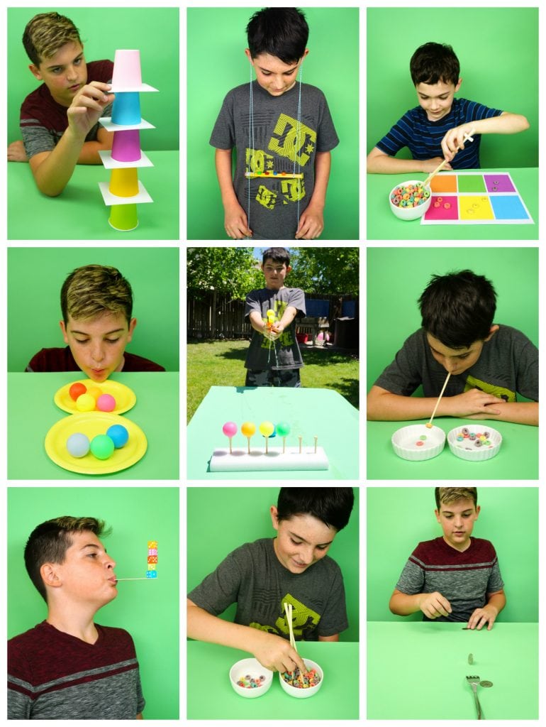 collage of minute to win it games being played by kids