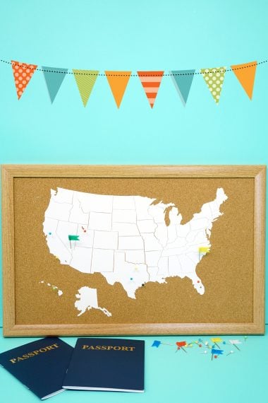 DIY cork board travel map with hanging banner