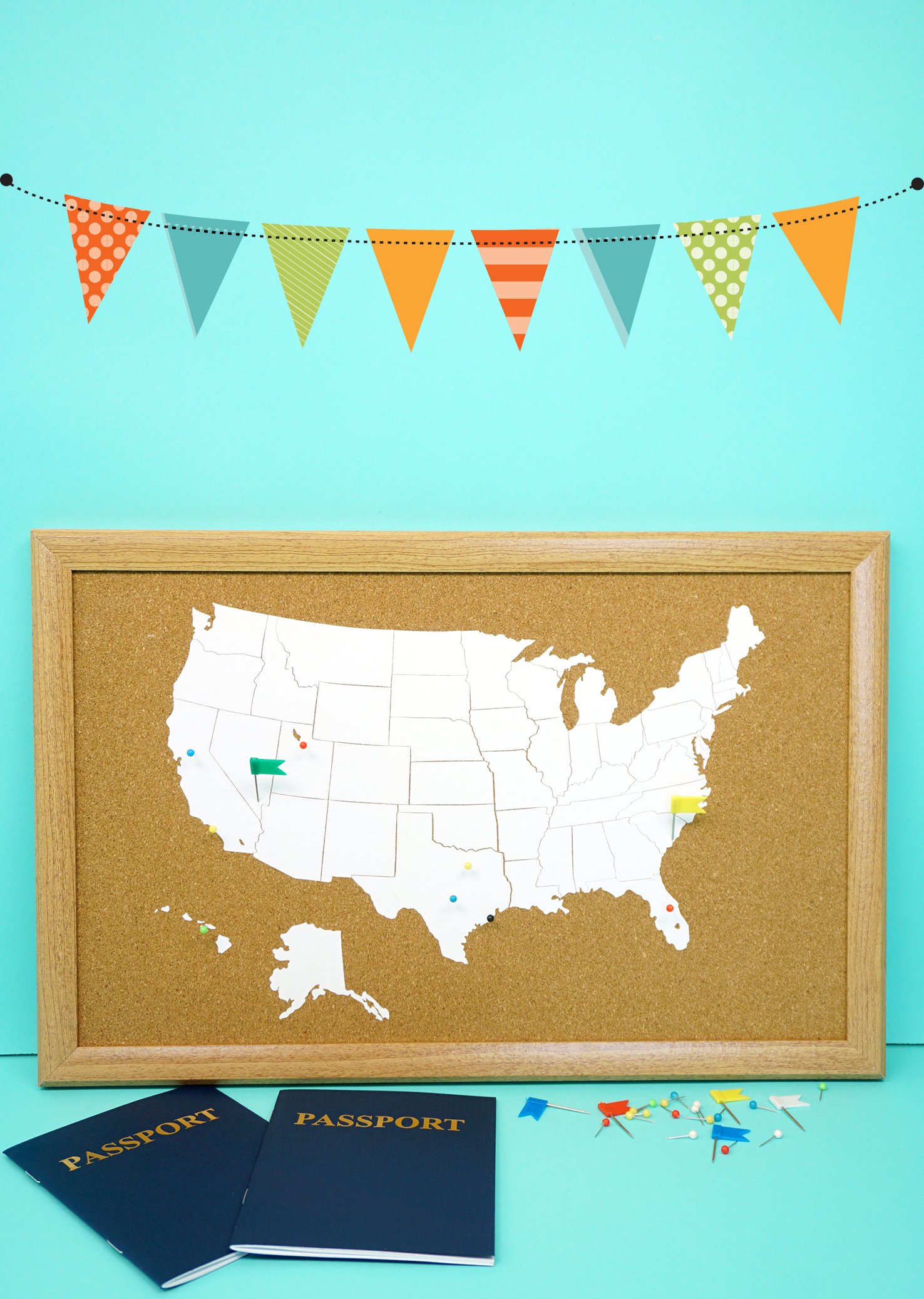 DIY cork board travel map with hanging banner