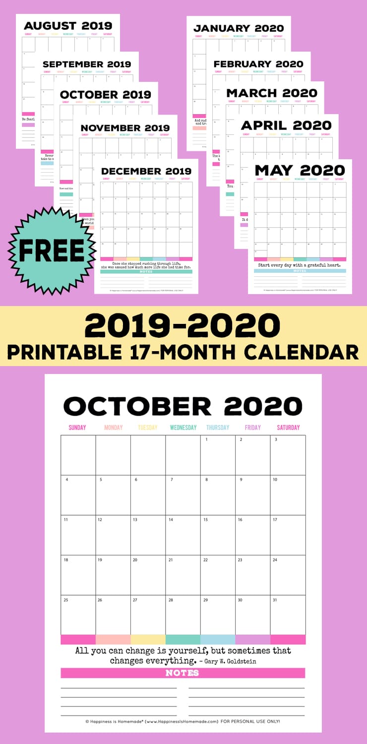 2019 2020 Free Printable Monthly Calendar Happiness Is