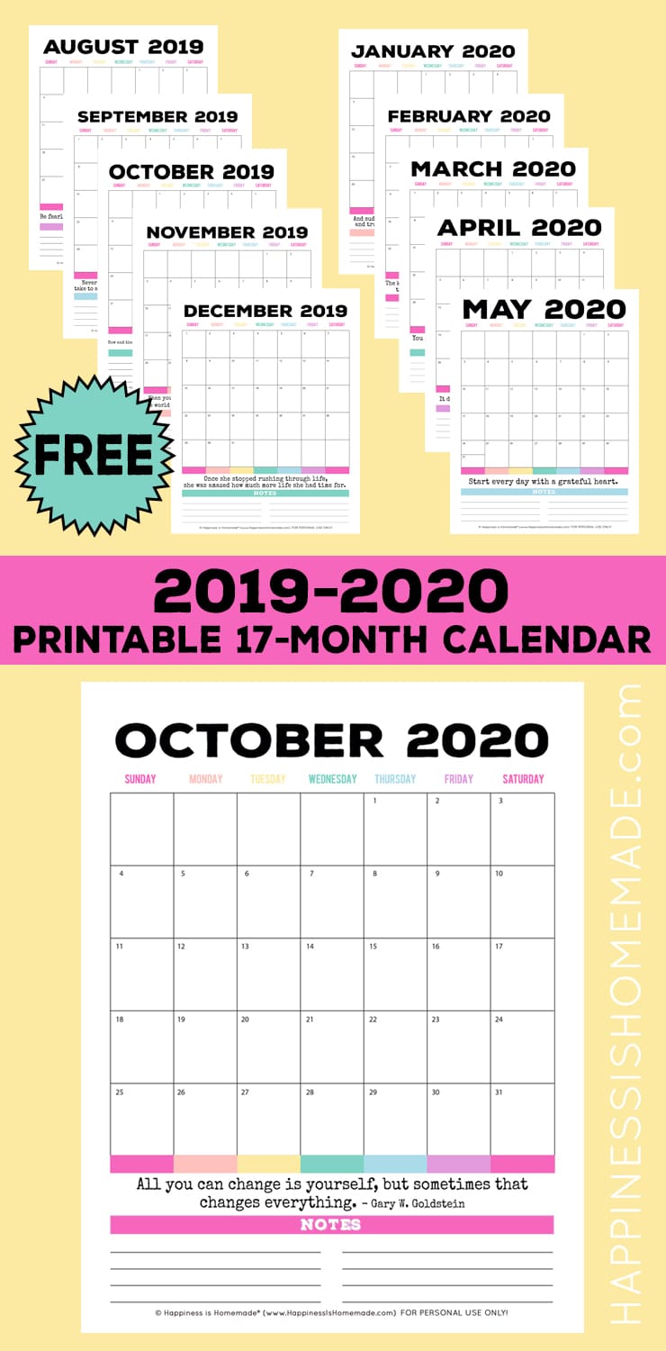 2019 2020 Free Printable Monthly Calendar Happiness Is