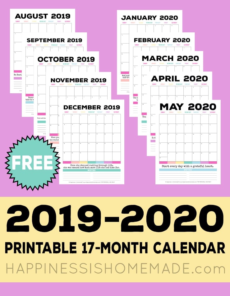 2019-2020 Free Printable Monthly Calendar - Happiness is Homemade