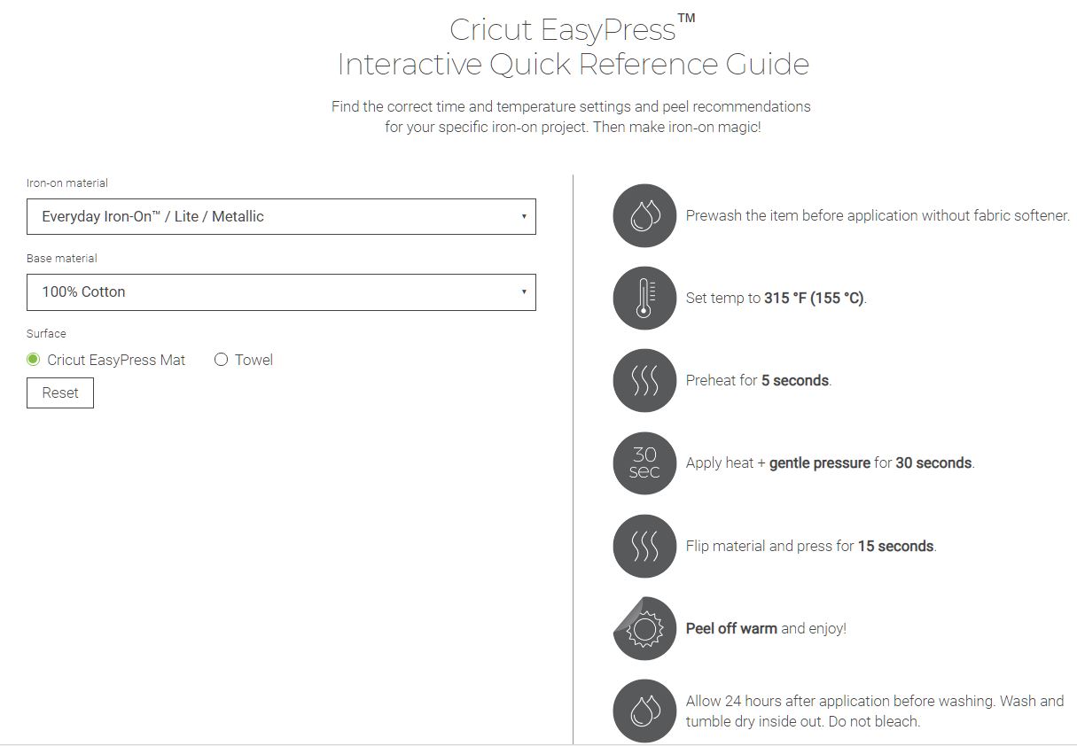 cricut easypress interactive material chart