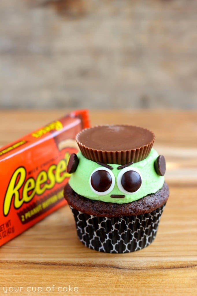 frankenstein cupcakes with reeses candy 