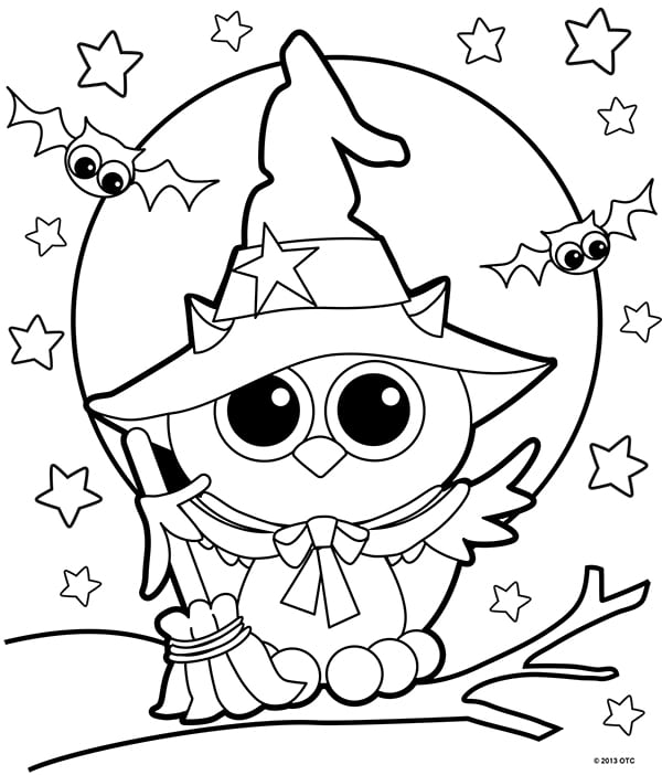 Owl in witch hat coloring page for Halloween