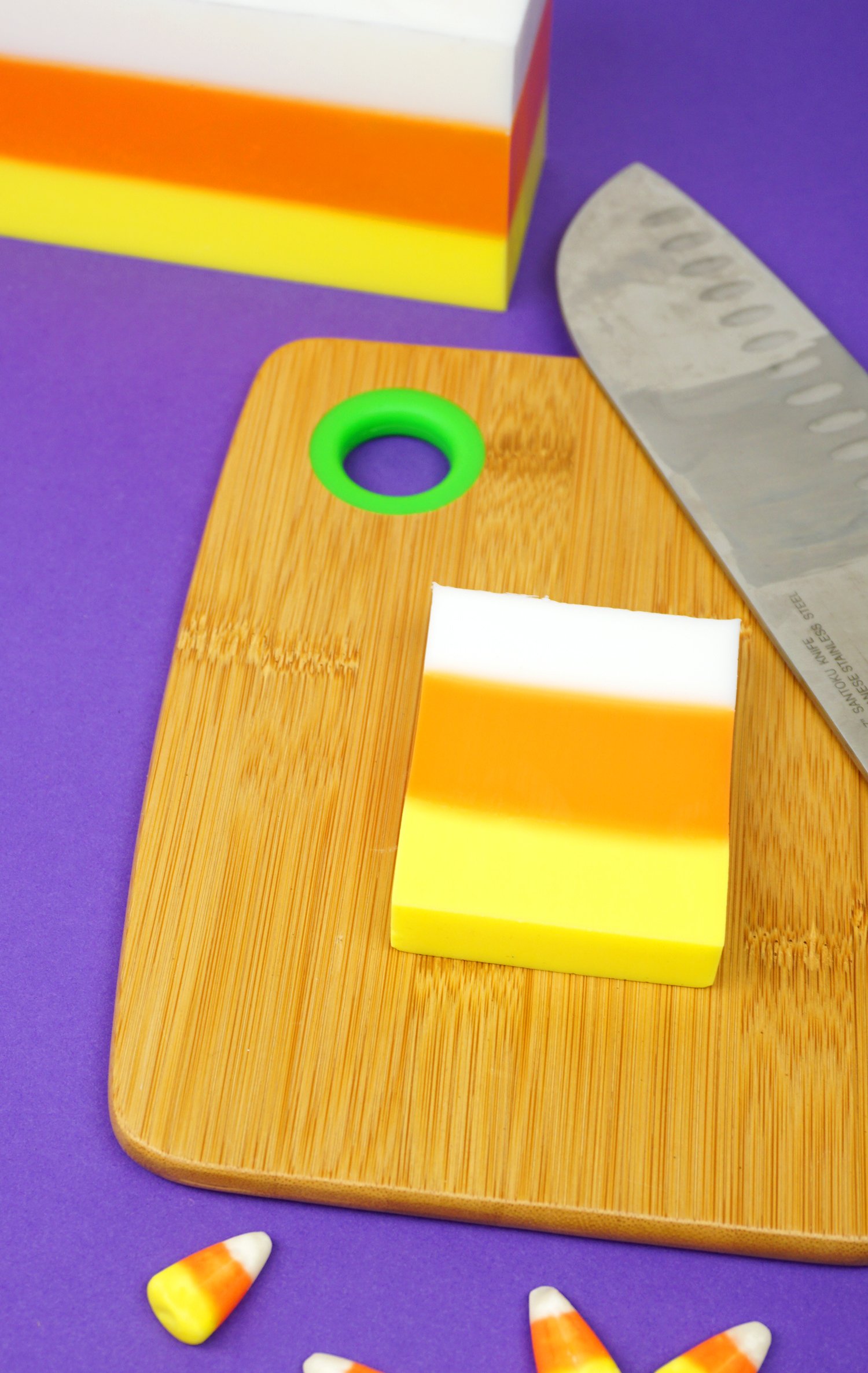 candy corn soap on cutting board 