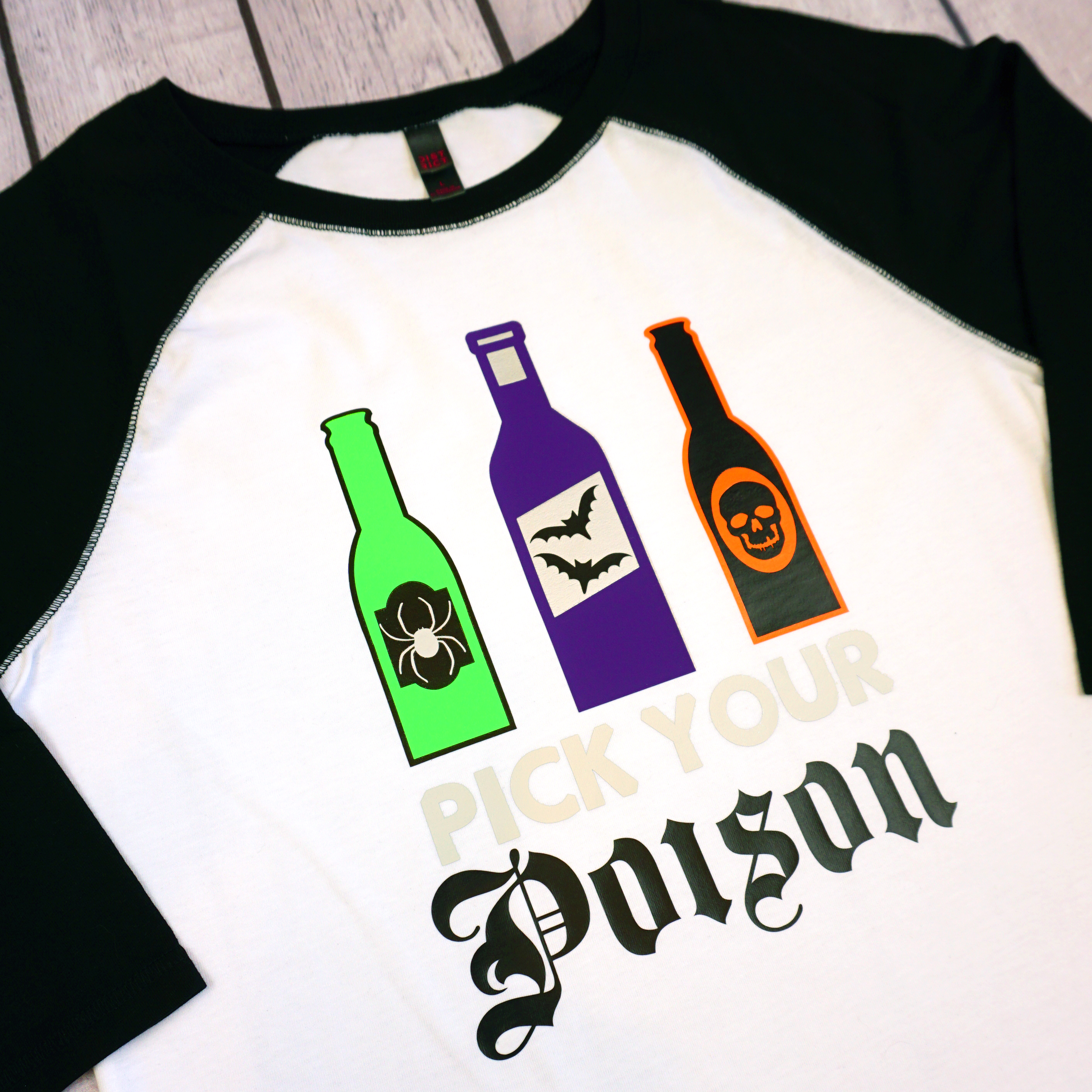 pick your poison halloween svg file on baseball tee