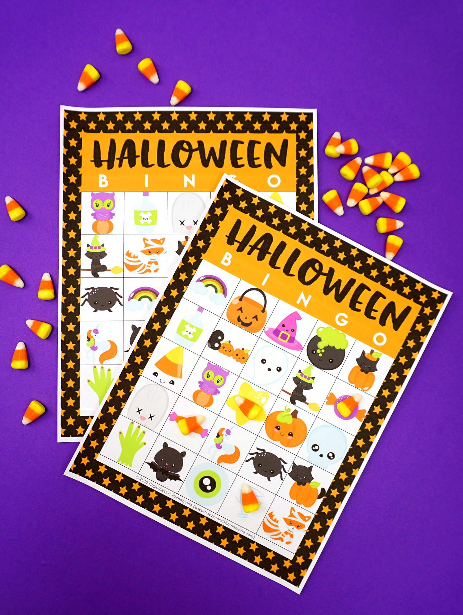ntable Halloween Bingo Cards - This Halloween Bingo Game is a ton of fun for kids! Perfect for families, classrooms, Scouts, Halloween parties, and more! Printable Halloween Bingo Game Cards with Candy Corn