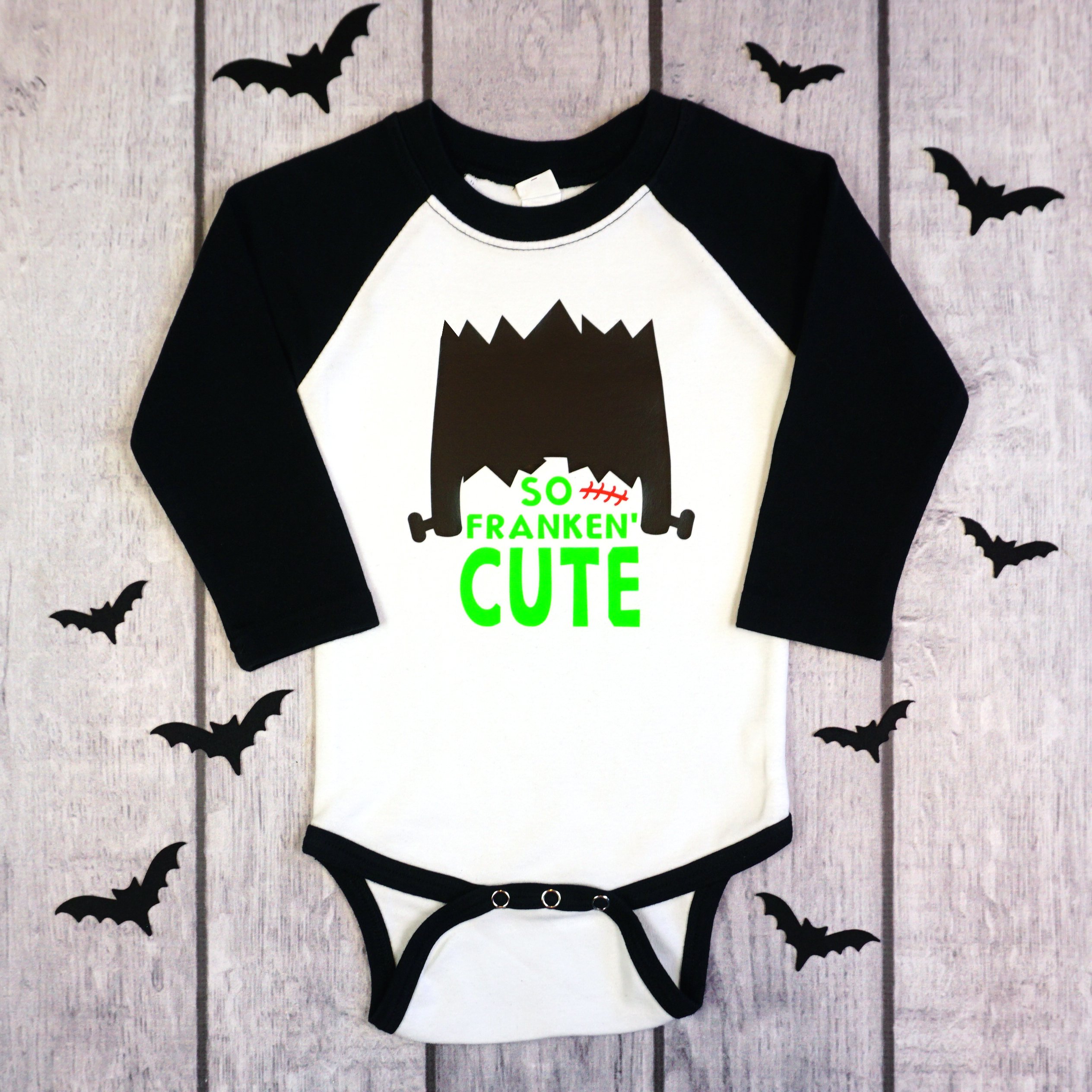 so franken cute halloween onesie with bat decorations