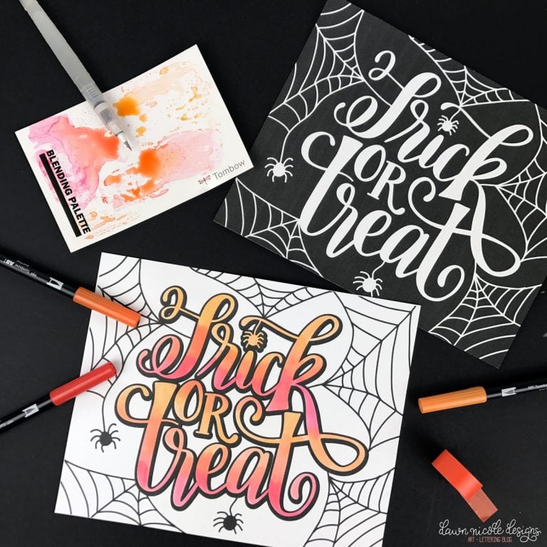 Trick or Treat Spiderweb Halloween Coloring Page with Markers on Black Background