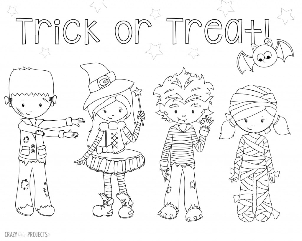 Trick or Treat Halloween Coloring Sheet with Kids in Costume