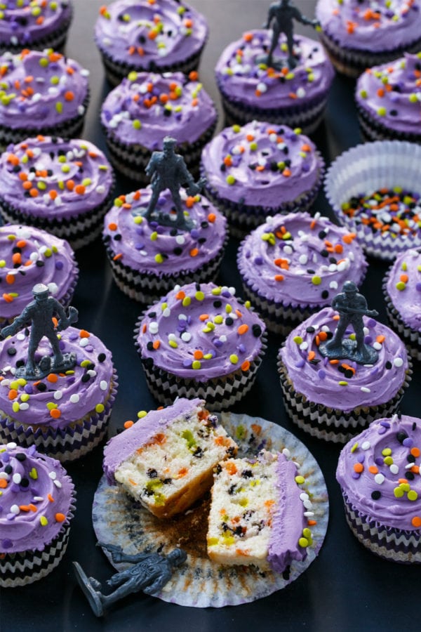 halloween funfetti cupcakes topped with shadow toys