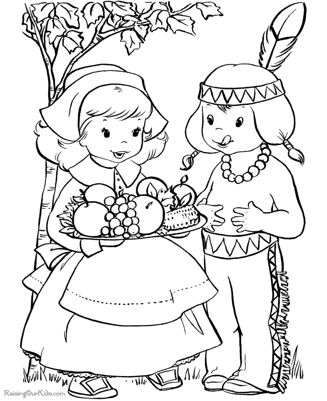 Vintage Thanksgiving coloring page of Pilgrim girl and Native American boy