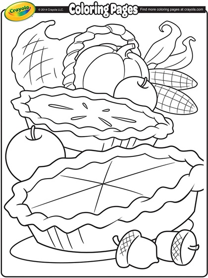 Thanksgiving coloring page with cornucopia, pies, apples, and acorns