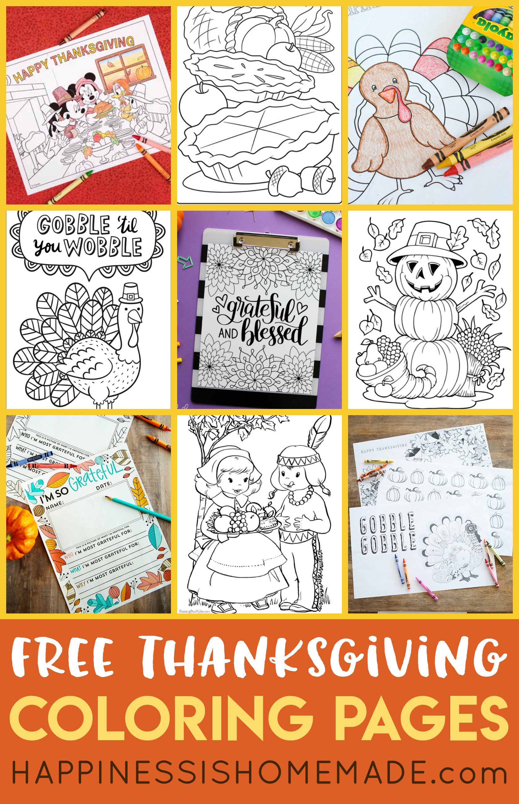 FREE Thanksgiving Coloring Pages for Adults & Kids - Happiness is