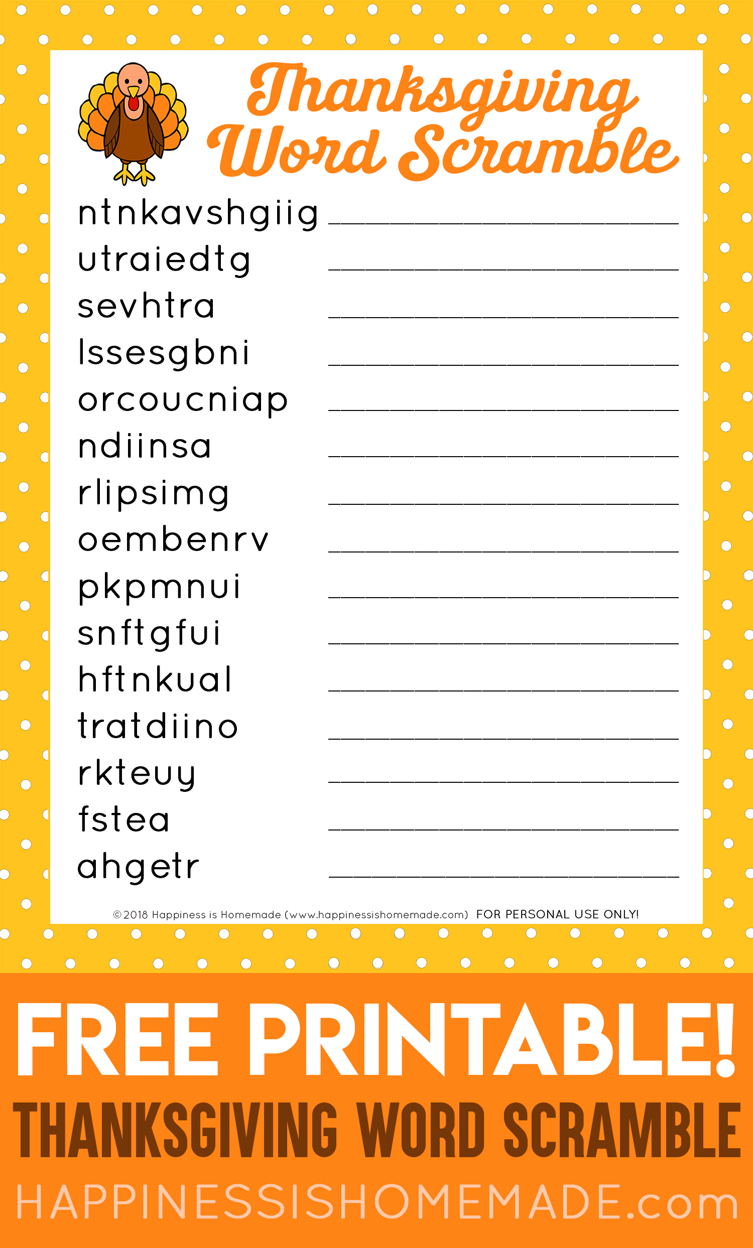 Free Printable Thanksgiving Word Scramble