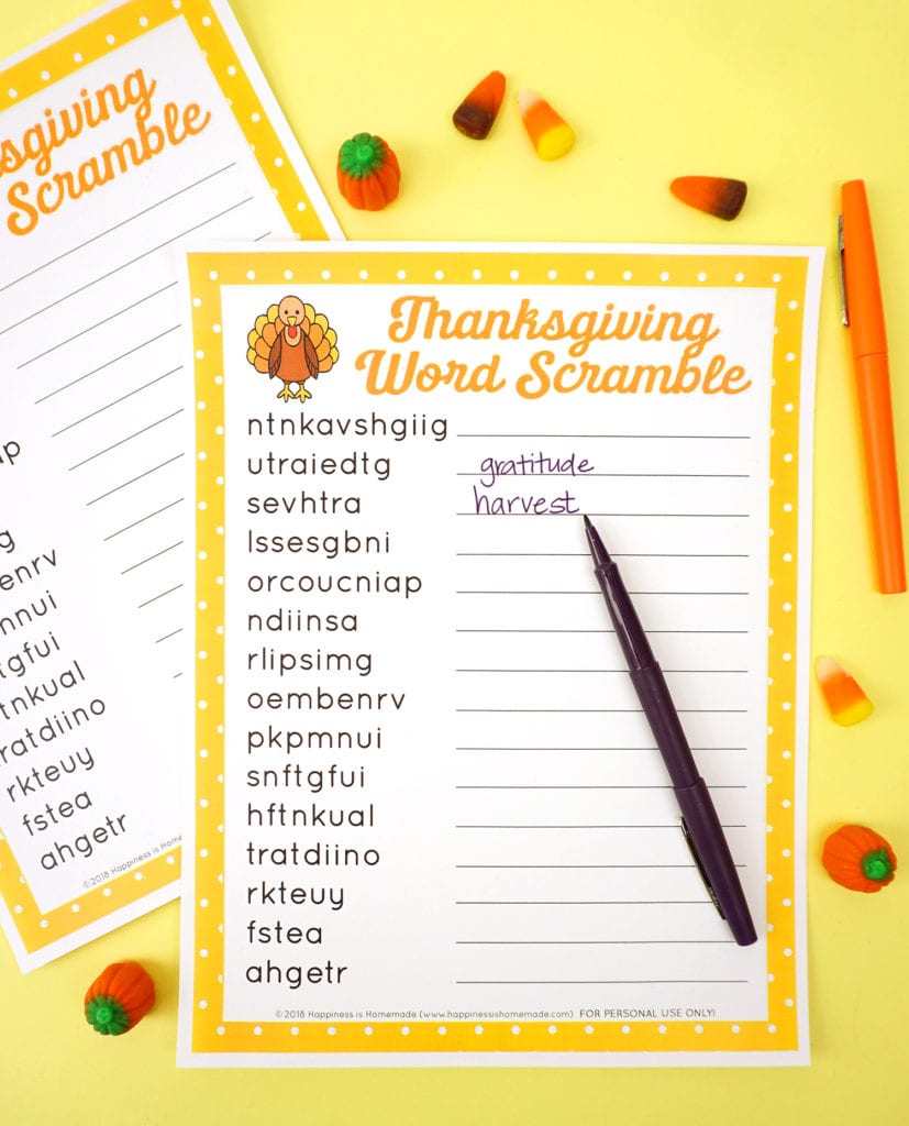 thanksgiving word scramble printable for kids
