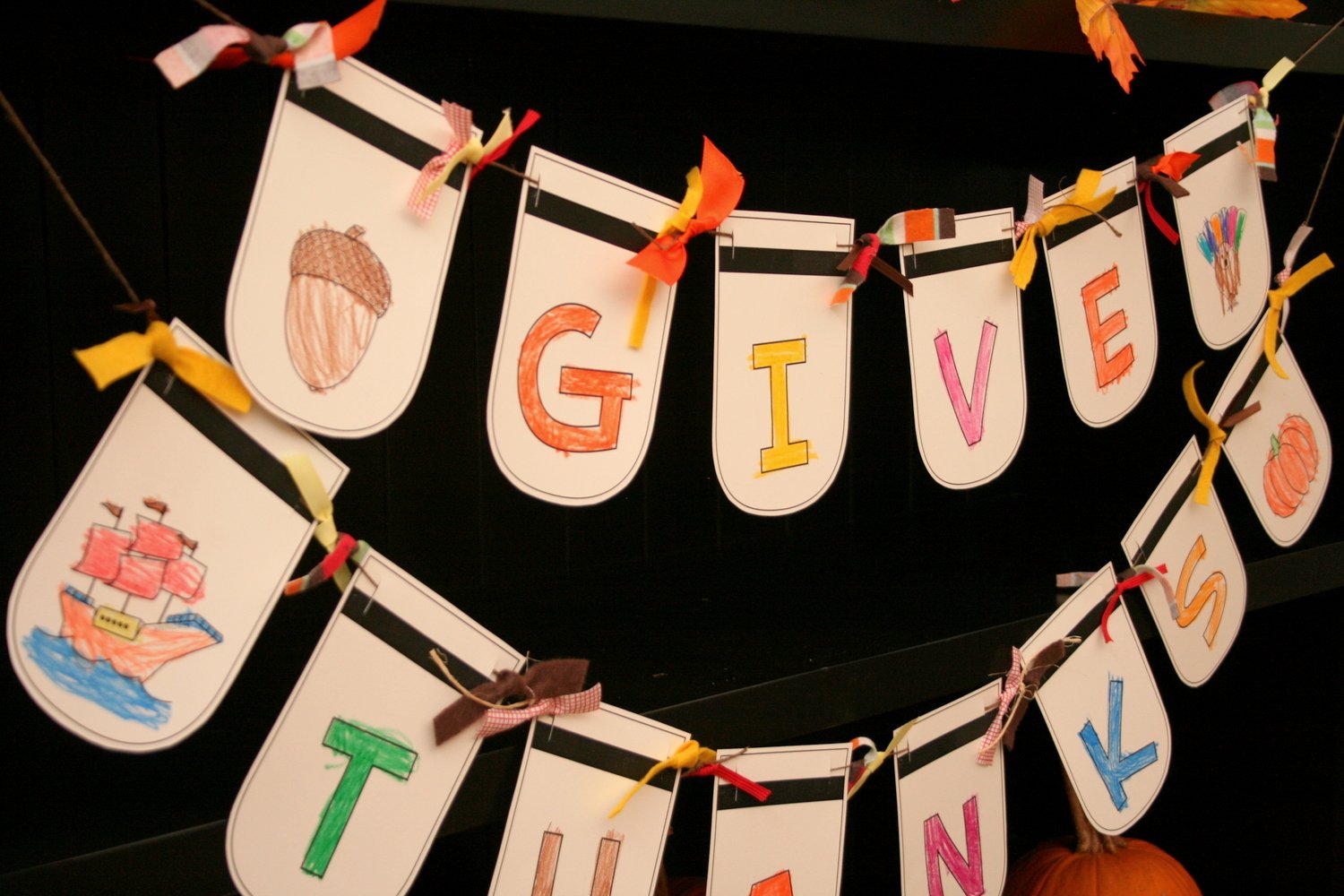 "Give Thanks" Thanksgiving banner made from Thanksgiving coloring pages