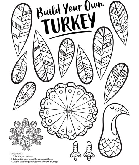 "Build Your Own Turkey" Thanksgiving coloring page with feathers and components to assemble a paper turkey