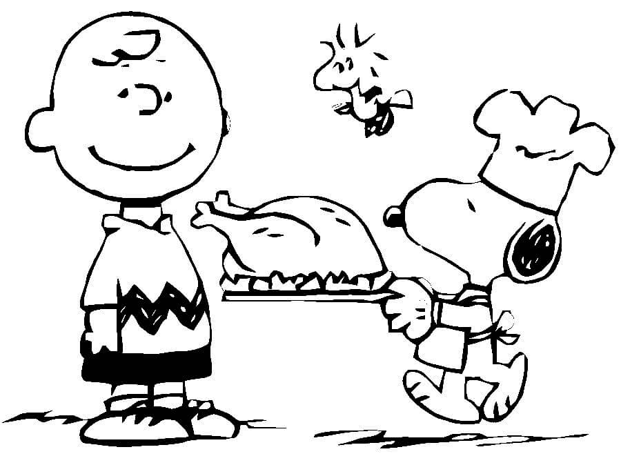 Charlie Brown and Snoopy with a turkey on a platter Thanksgiving coloring page