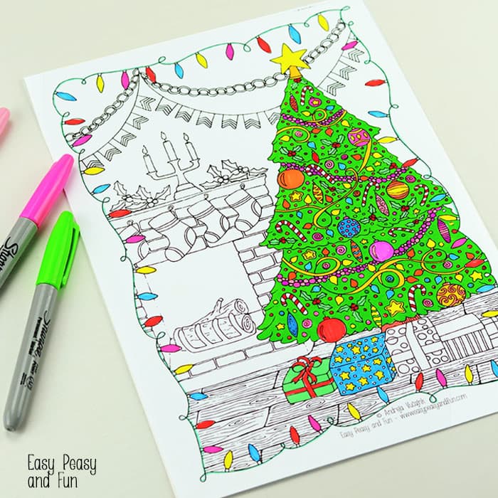 colored in christmas tree printable coloring pages with pens