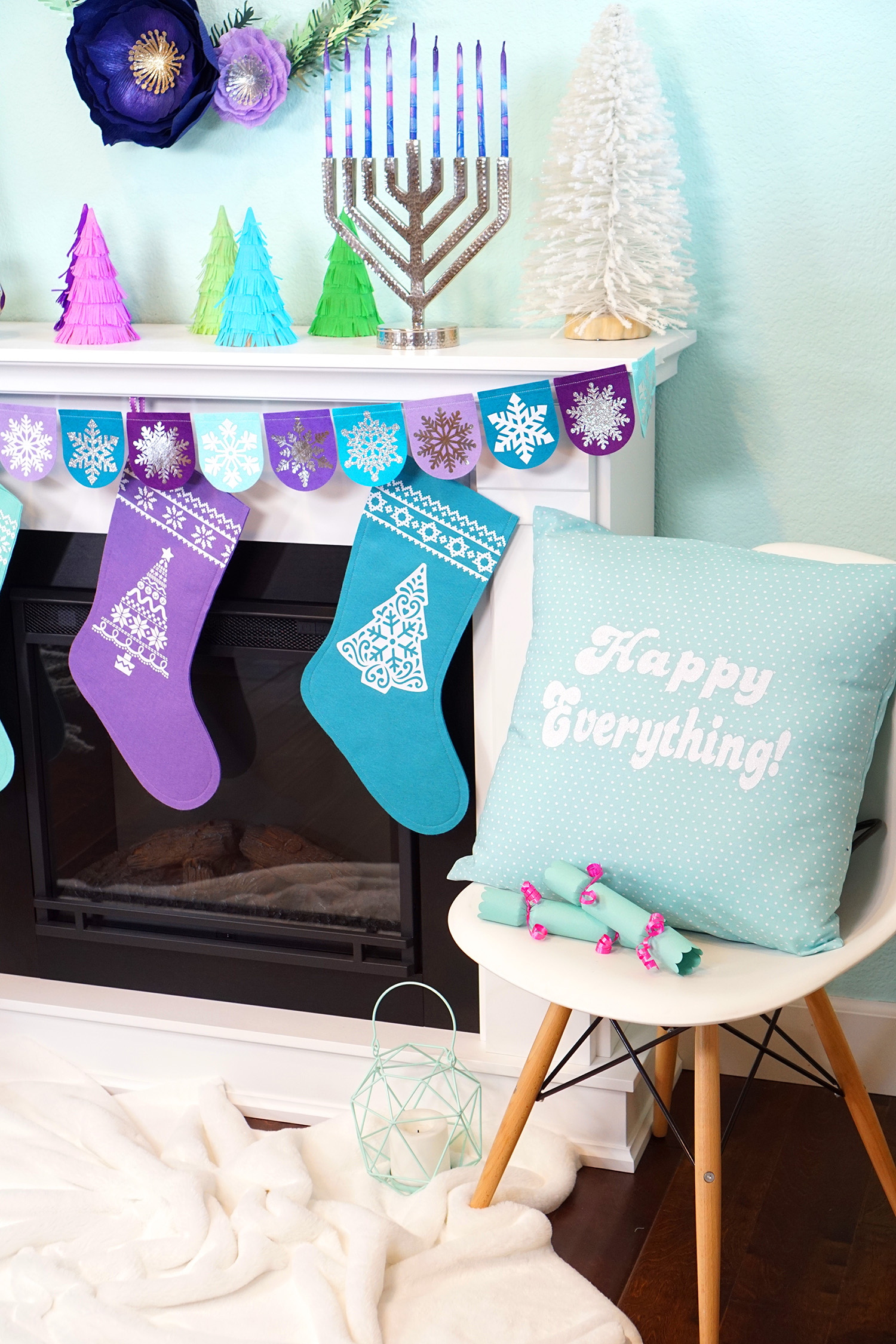 pillow and stockings displayed next to mantel