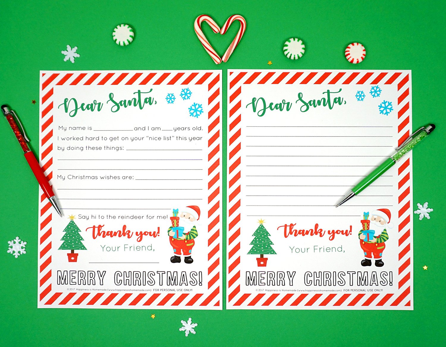 2 Letter to Santa Printables Side by Side on a Green Background