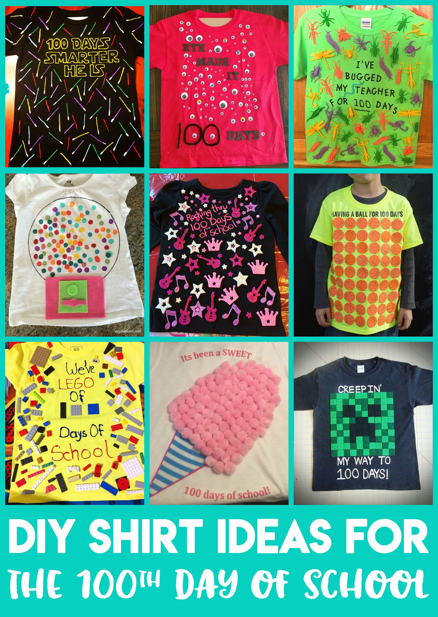 collage of DIY shirt ideas for the 100th day of school