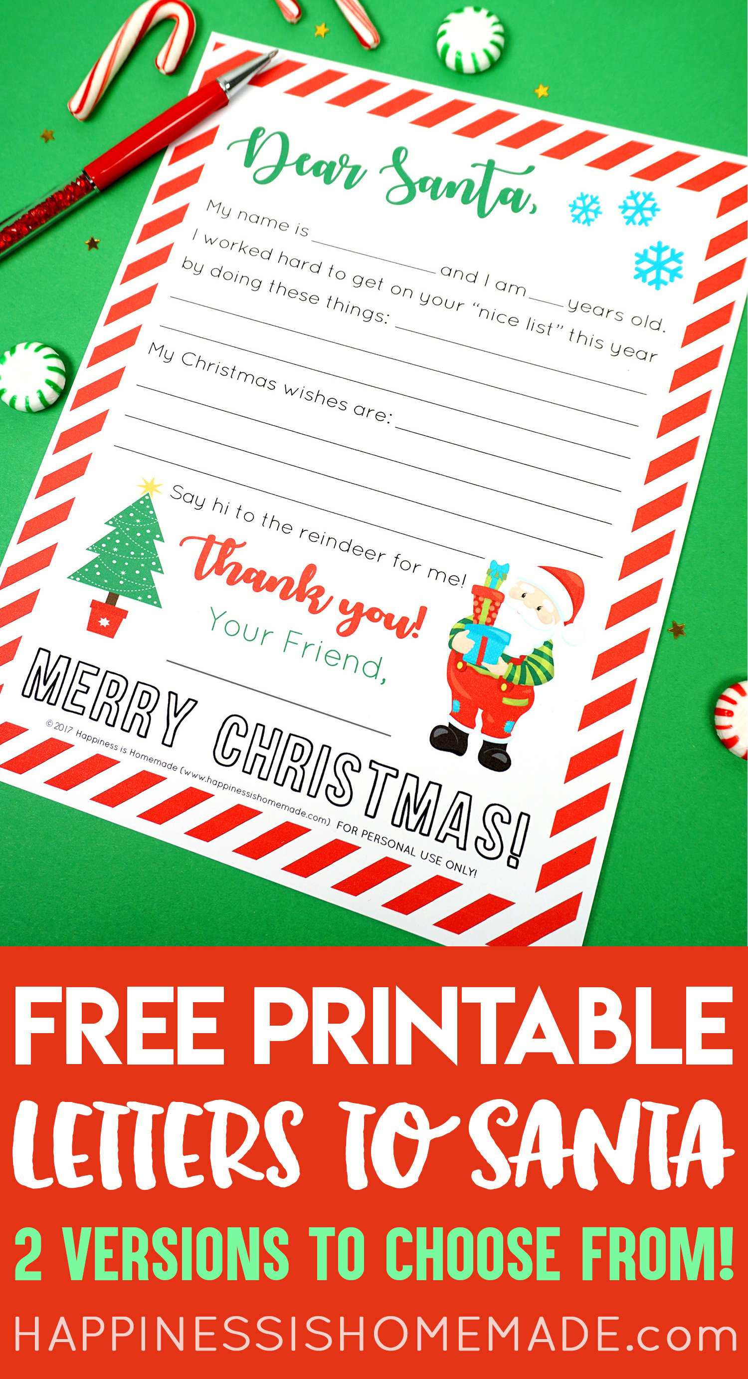 A Close Up of a Letter to Santa Printable With Large Text Stating \"Free Printable Letters to Santa\"