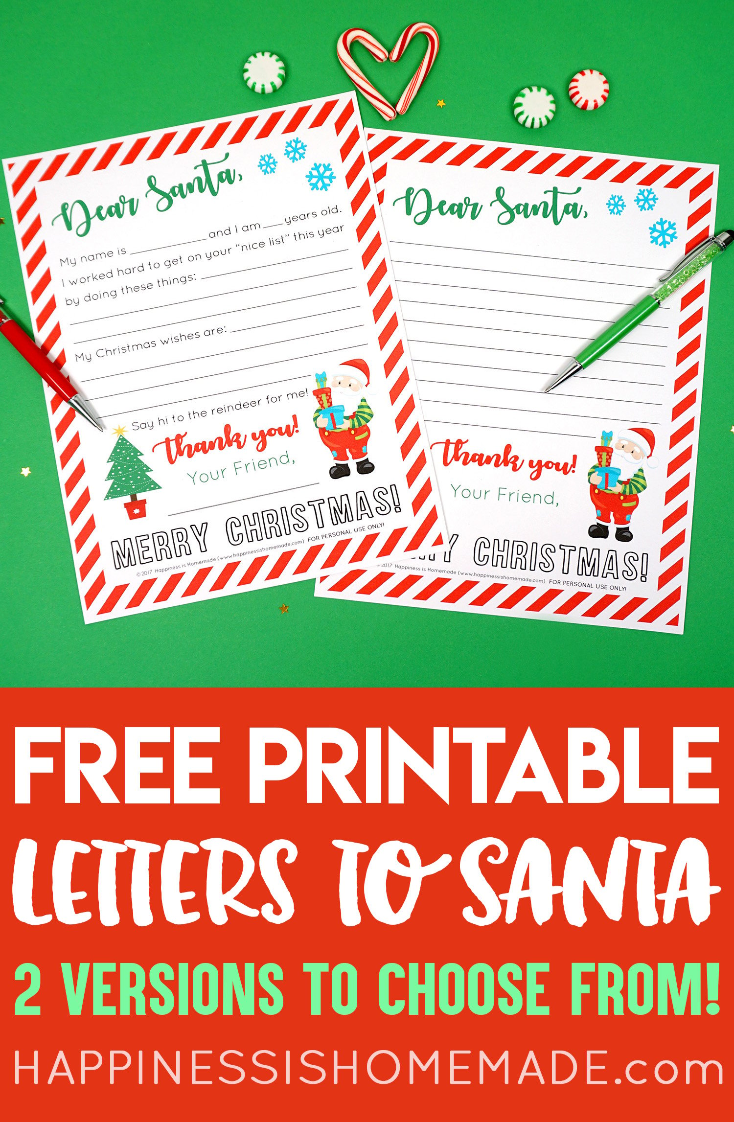 2 Letter to Santa Printables Slightly Overlapping With Large Text Stating \"Free Printable Letters to Santa\"