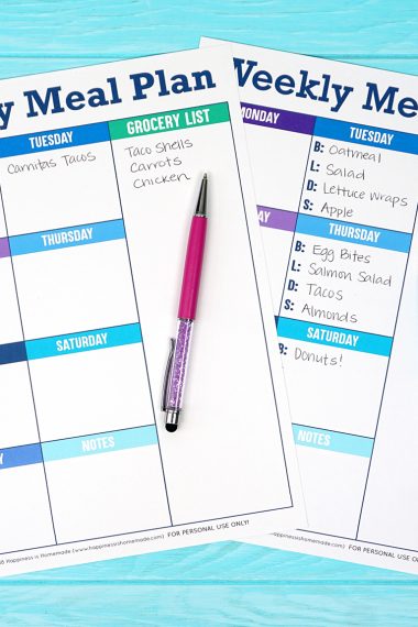 printable weekly meal plan and pens