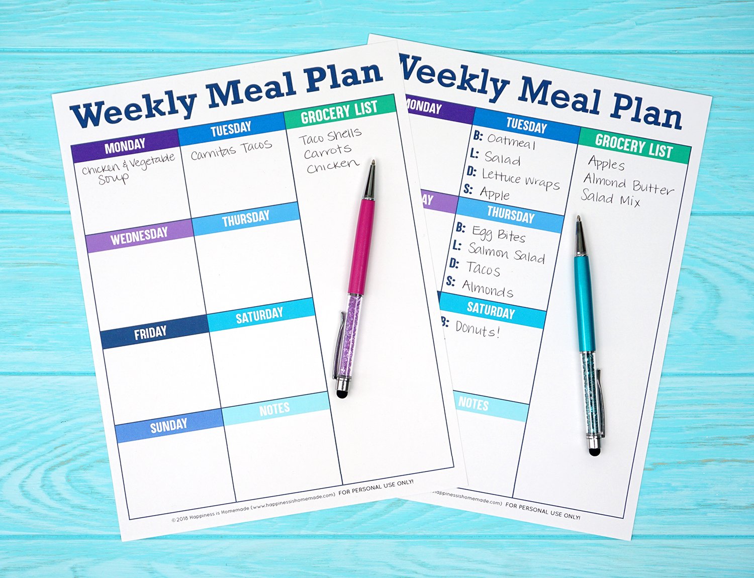 printable weekly meal plan and pens