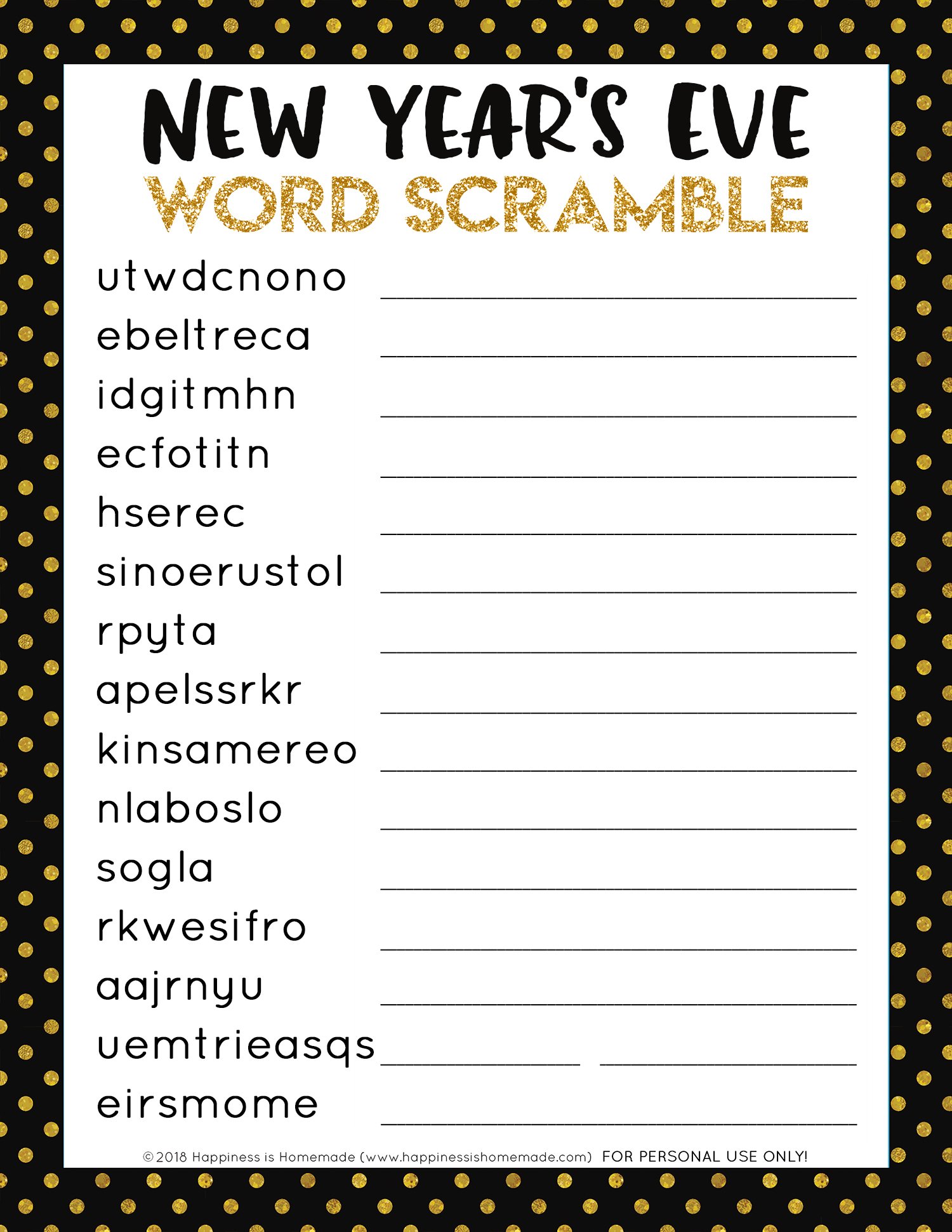 New Year's Eve Word Scramble Printable Happiness is Homemade