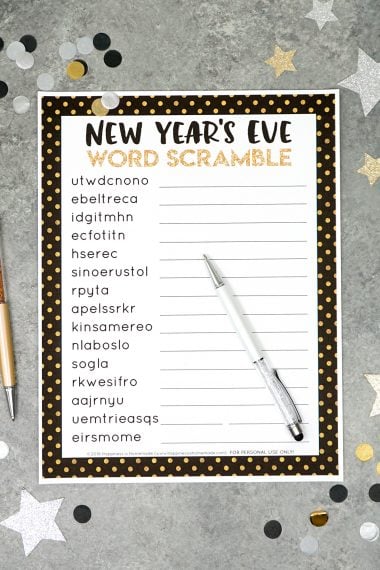 printable new years eve word scramble game