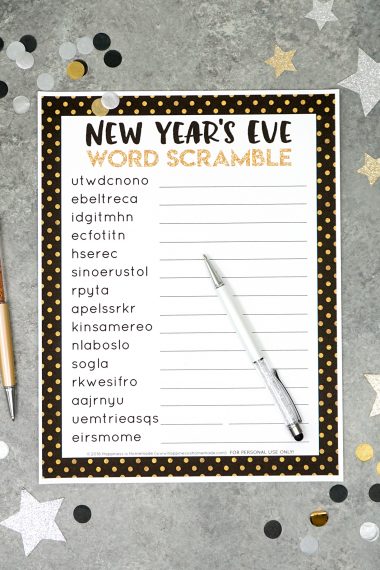 printable new years eve word scramble game