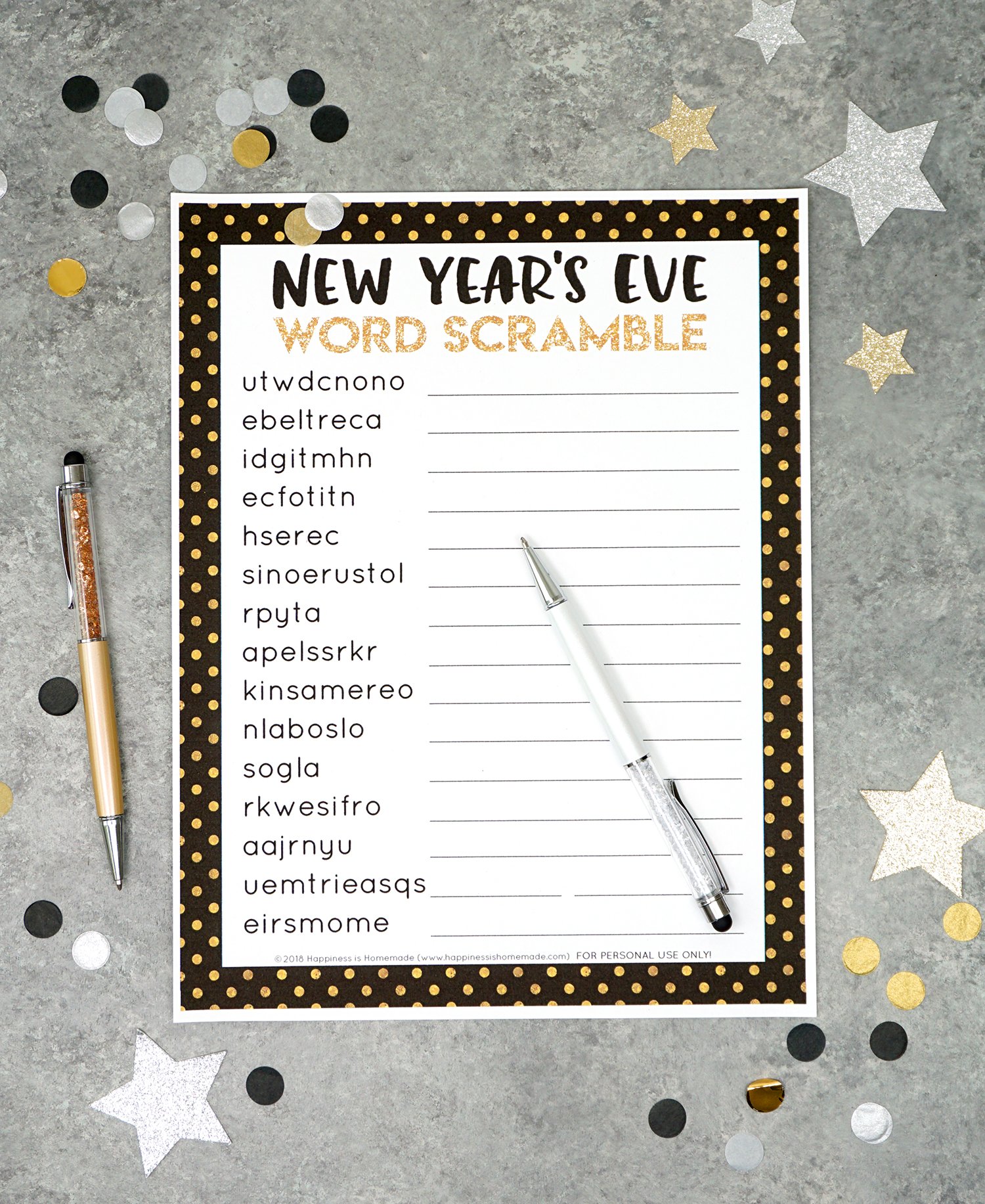 printable new years eve word scramble game