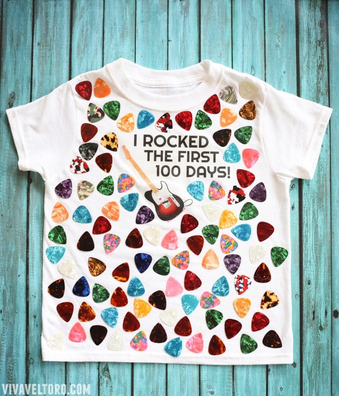 100 day of school shirt made with guitar picks