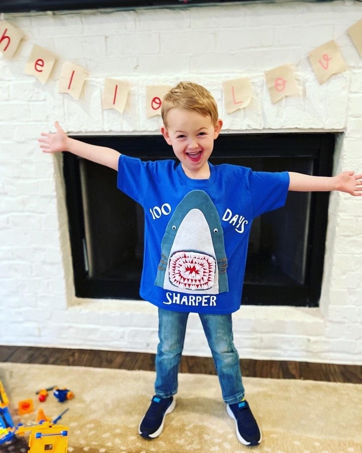 DIY shark tooth shirt for 100 days of school modeled by boy
