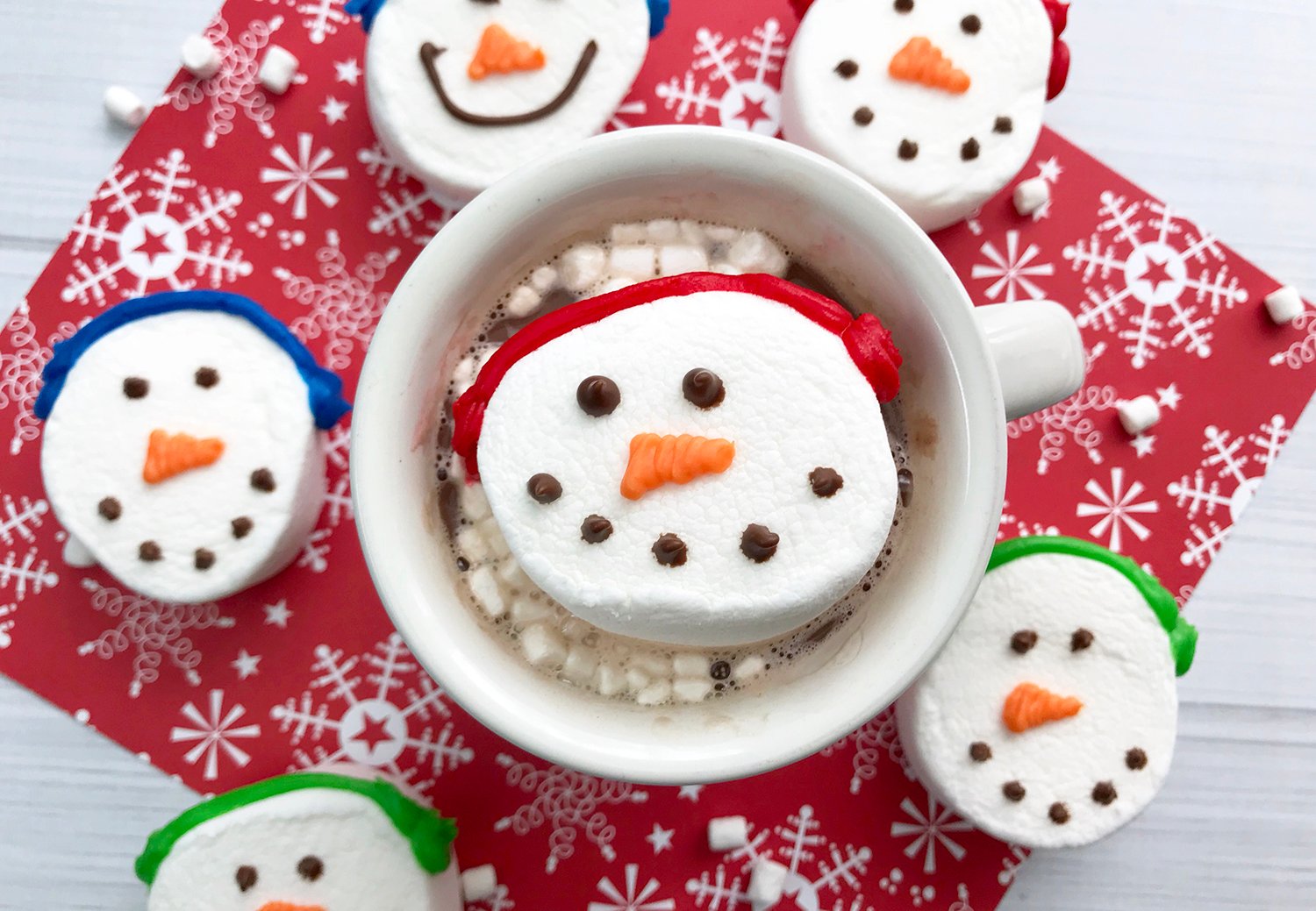 snowman marshmallows and cup of hot chocolate