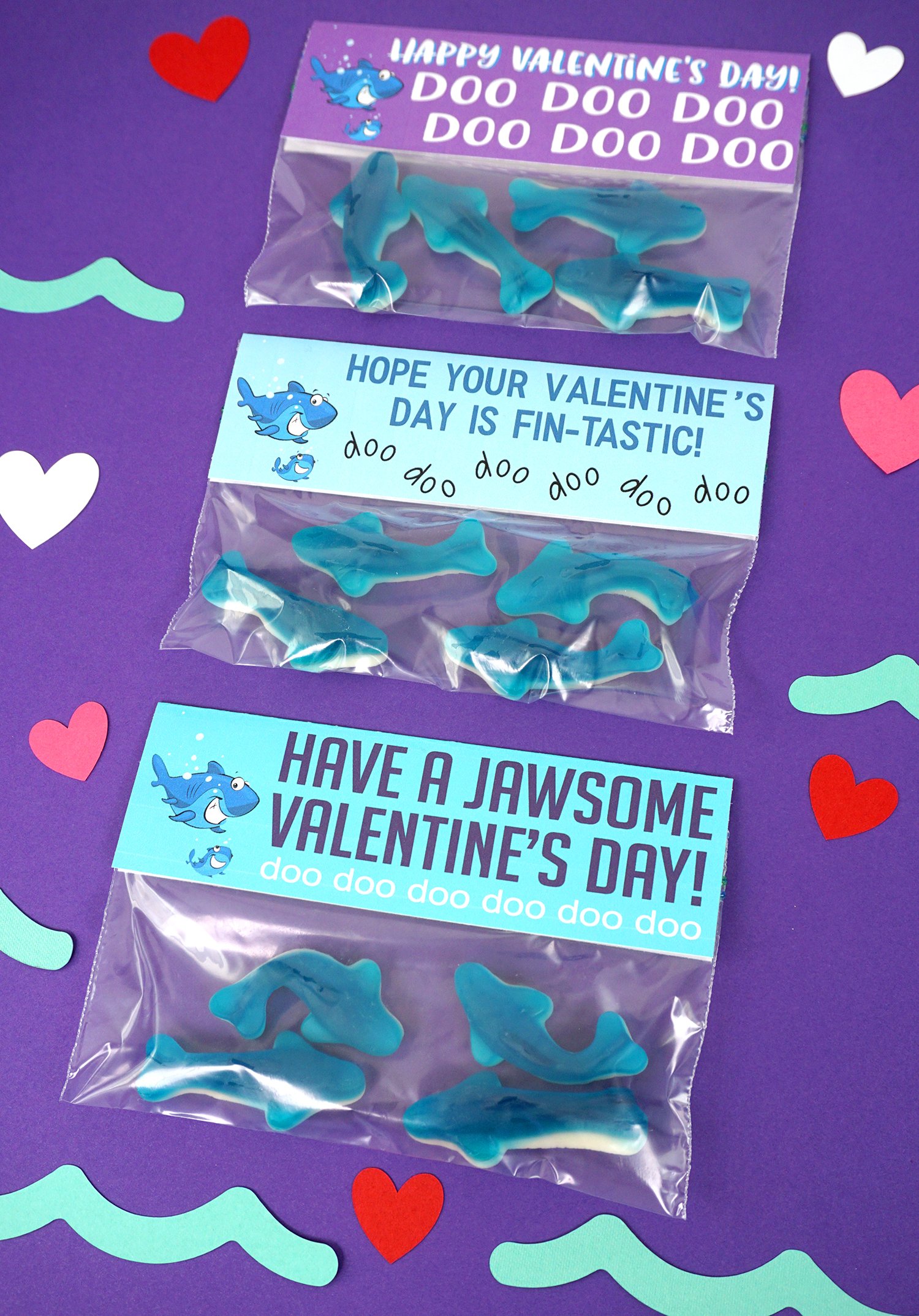 Baby Shark Valentine's Day Treat: Are your kids obsessed with Baby Shark? Take their love to the next level with these FREE Baby Shark Printable Valentines Cards! printable valentines cards reads have a jawsome valentines day with shark gummy candies
