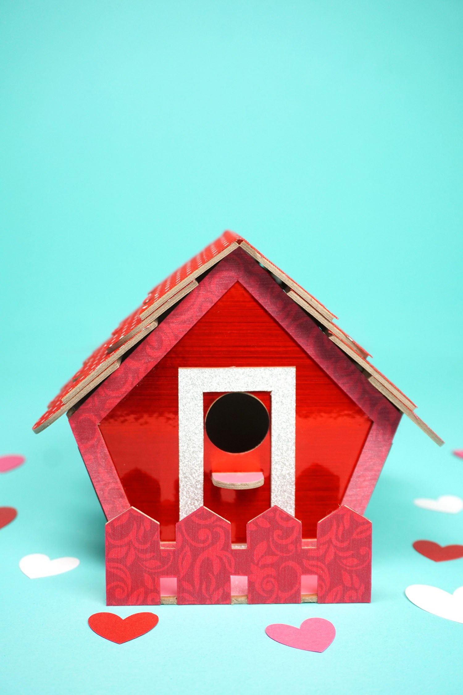 fully constructed DIY birdhouse card box for valentines day