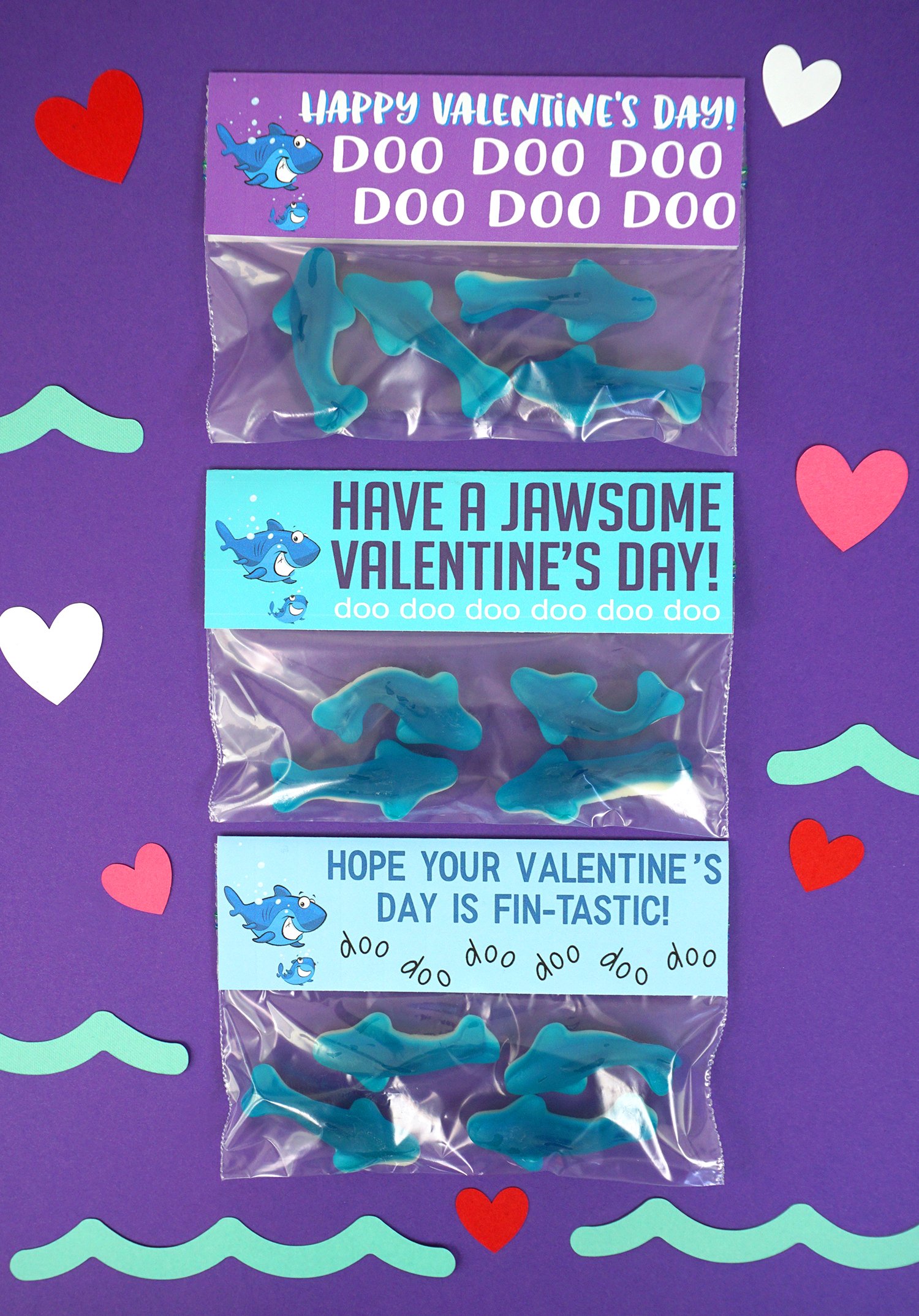 Baby Shark Valentines Day Treat Bags on Purple Background