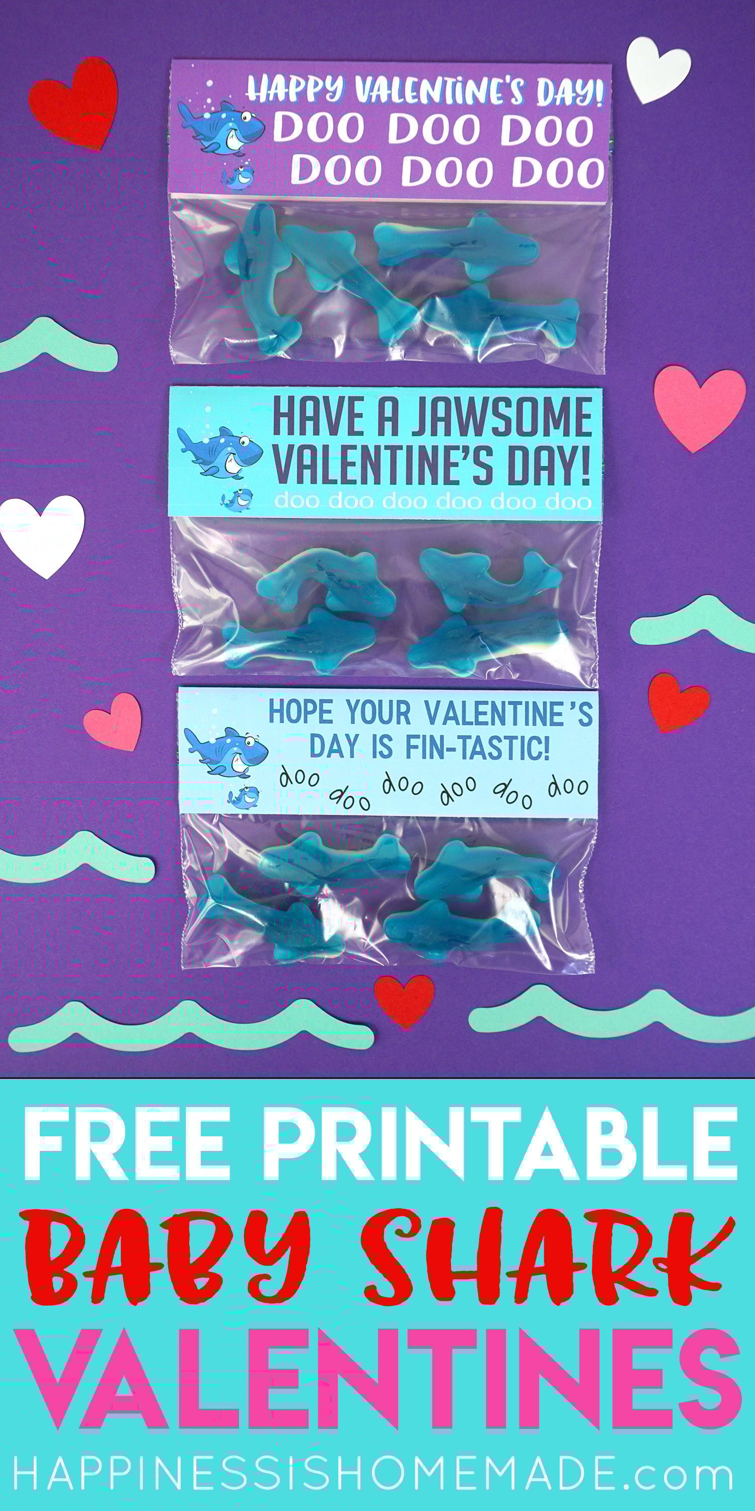 baby shark printable treat bag toppers on shark candies