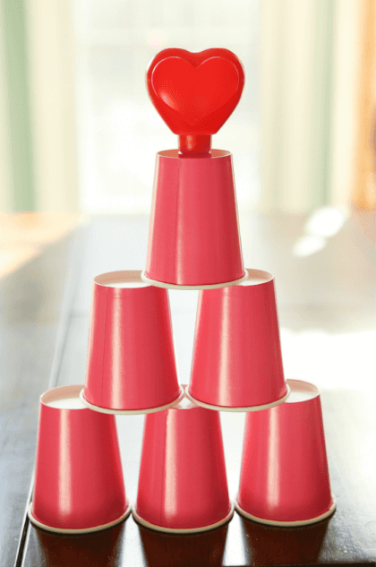 valentines day party games with cups stacked