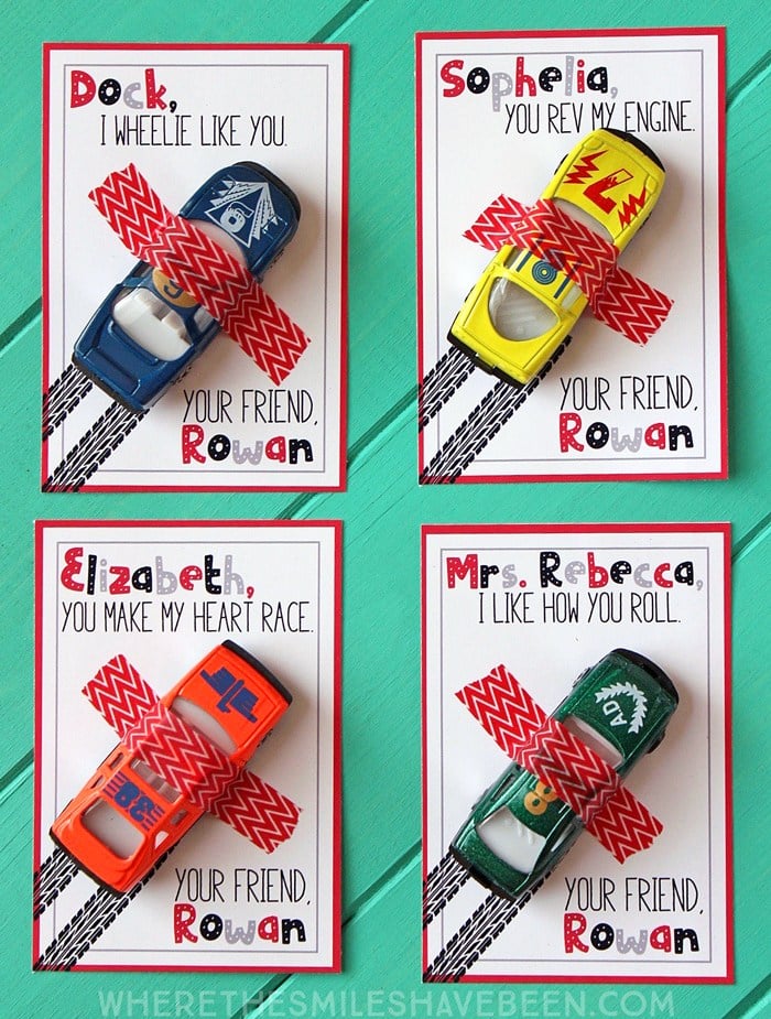 race car taped to printable valentine day card set for boys