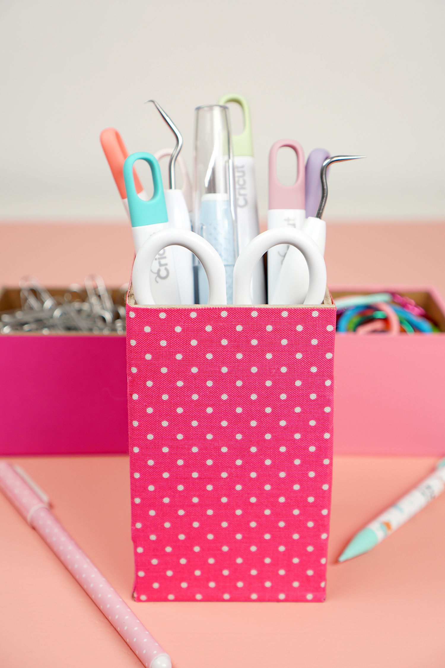 cute pink polka dot desk organizer with tools