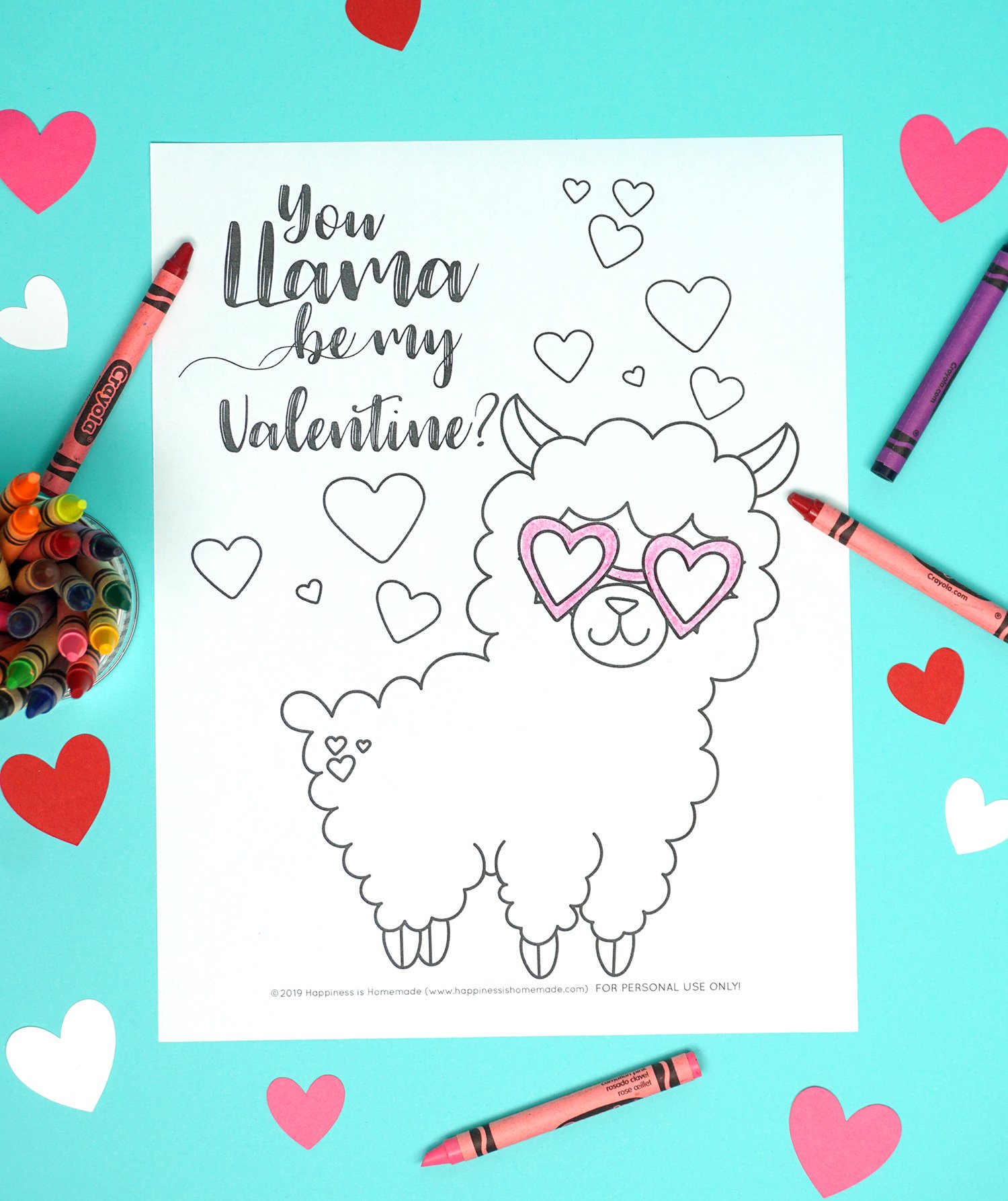 cute llama valentine day coloring page with crayons