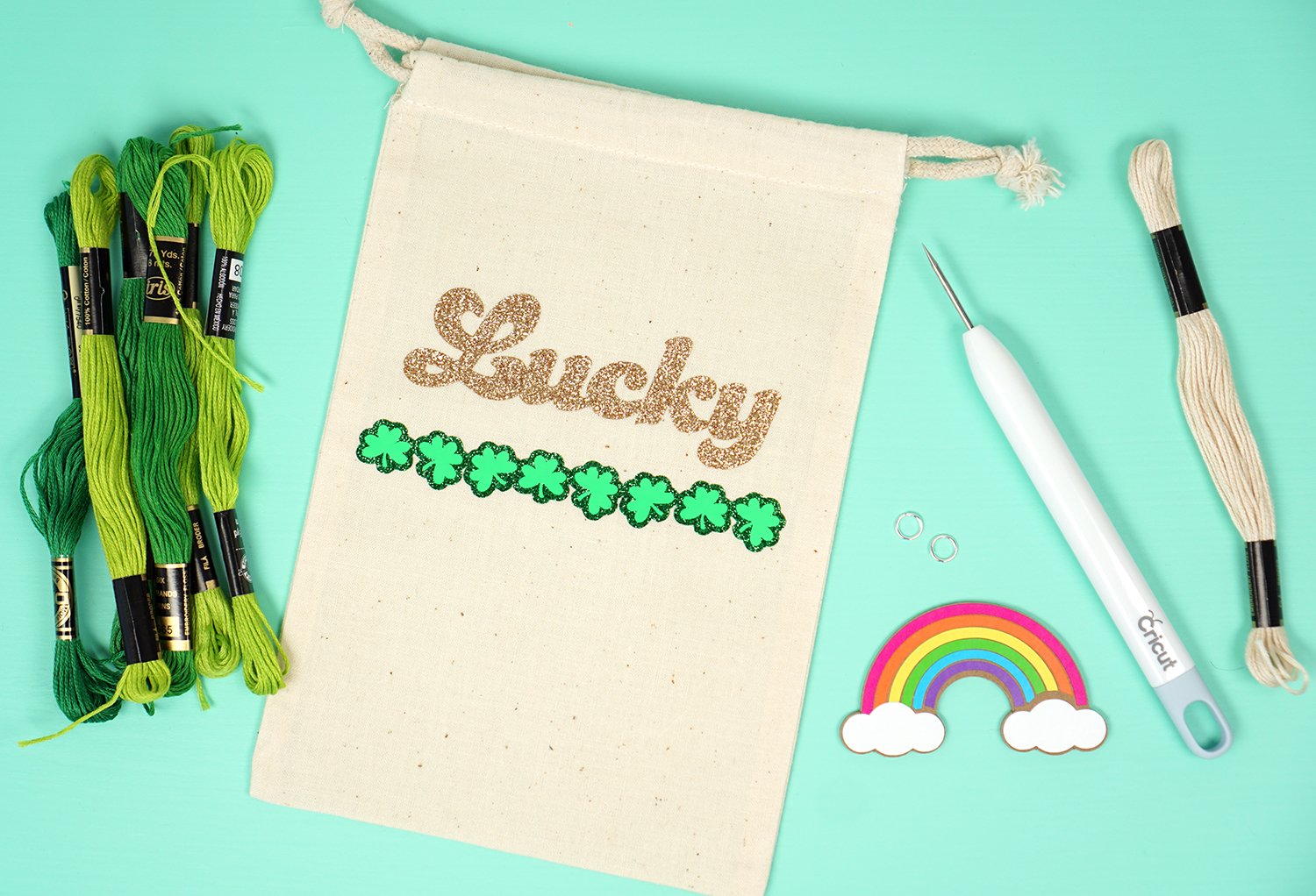 the word lucky and glitter shamrocks on treat bag