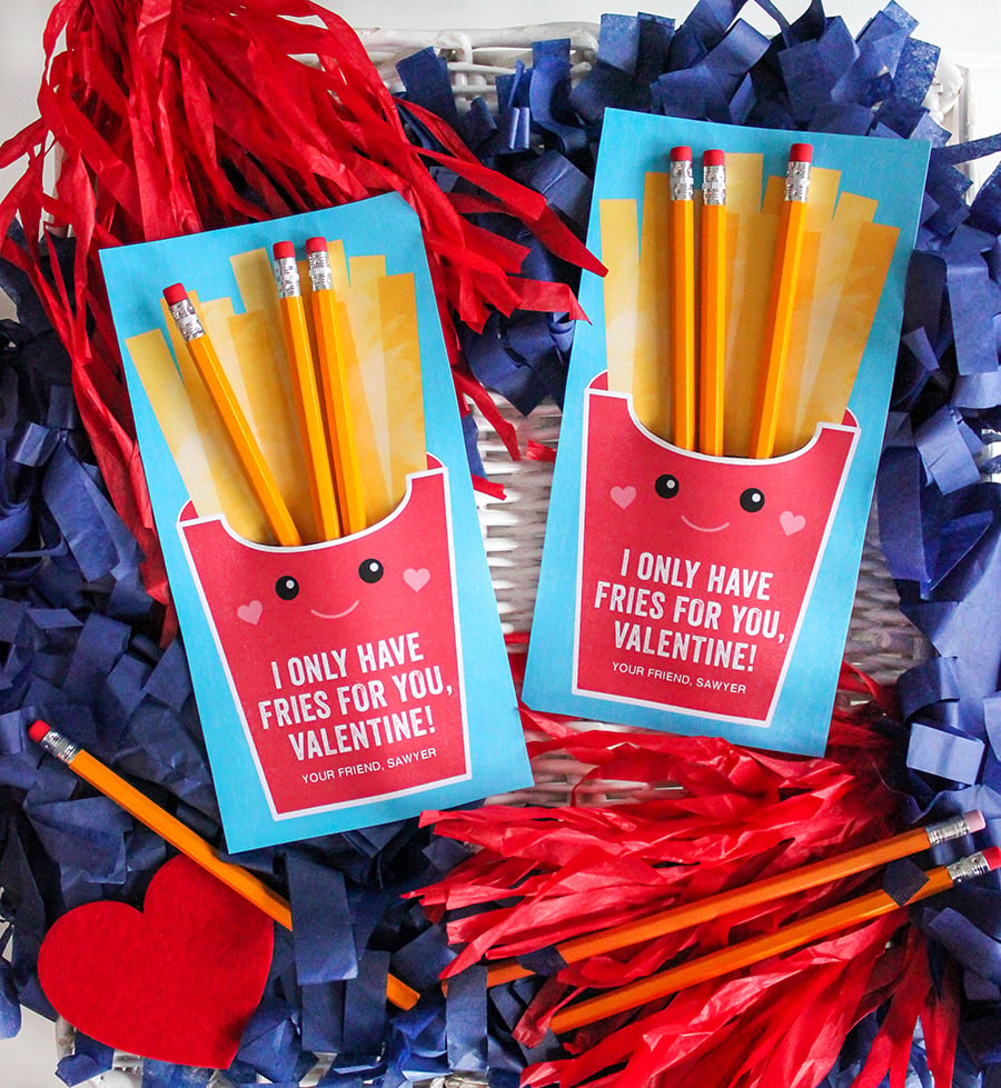 pencils in french fry valentine printable cards